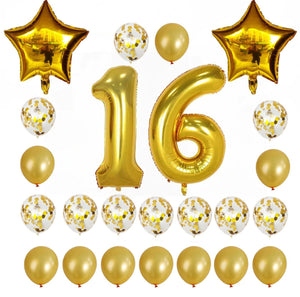 Gold Birthday Number 16 Foil Balloon Bouquet (Pack of 24pcs) - Online Party Supplies