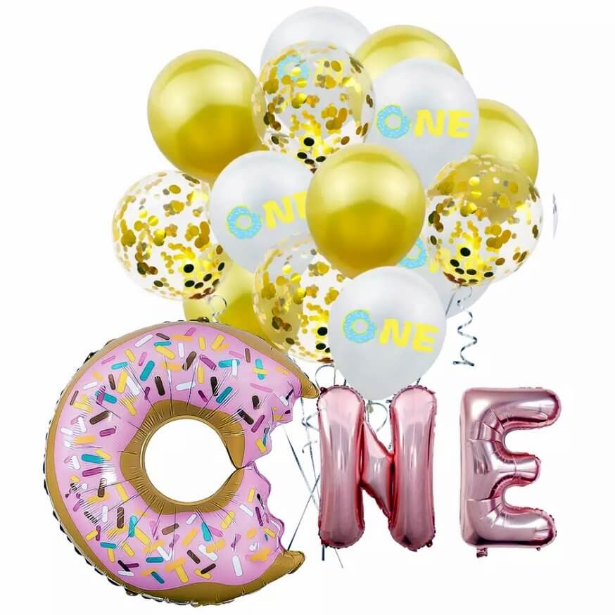 Gold ONE with Sprinkle Donut Balloon Bundle 18 Pack - Donut Themed Party Decorations