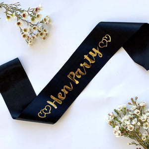 Black Hen Party with Hearts Satin Sash - Gold Foil Print