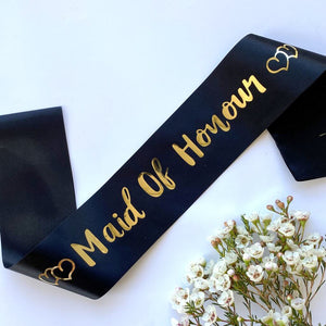 Black Bachelorette Party Maid of Honour Sashes with Gold Foil Print
