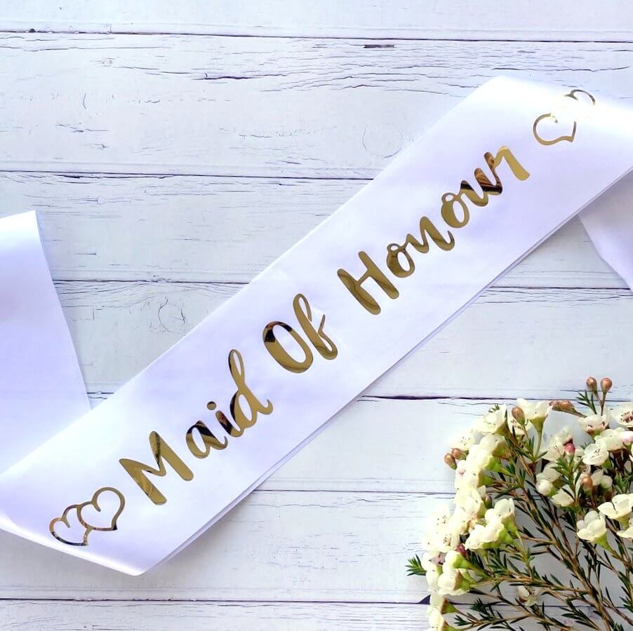 white 'Maid of Honour' with Hearts Hen Satin Sash
