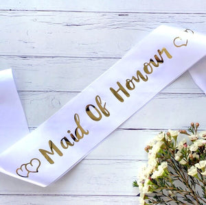 White Bachelorette Party maid of honour Sashes with Gold Foil Print