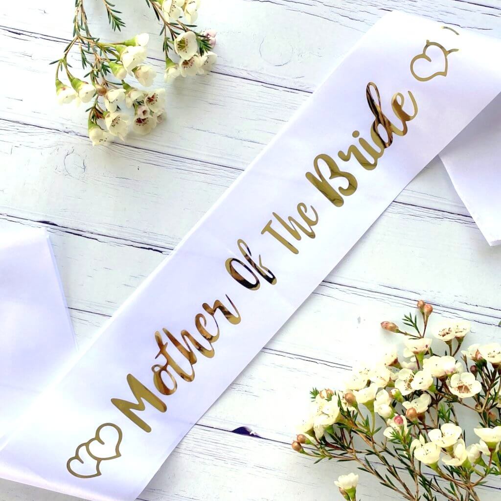 white 'Mother of the bride' with Hearts Hen Satin Sash