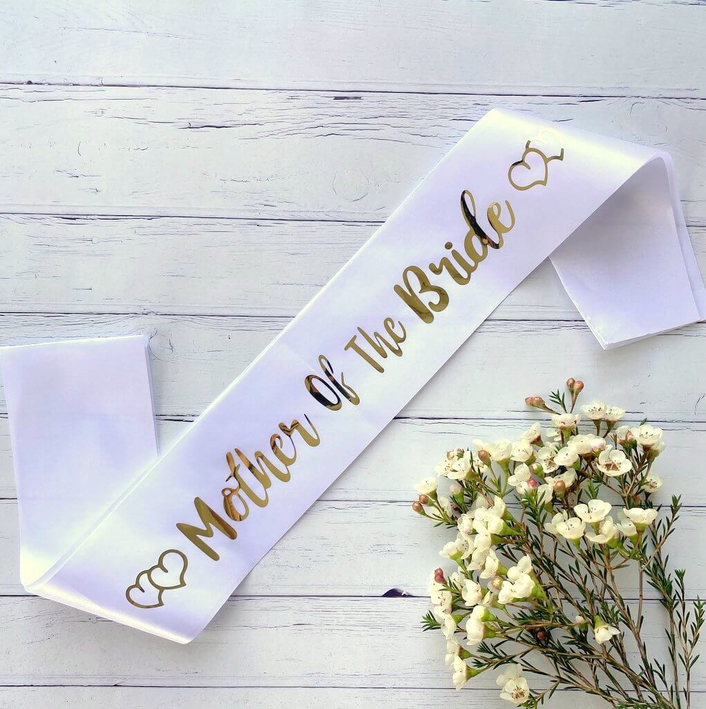 white 'Mother of the bride' with Hearts Hen Satin Sash
