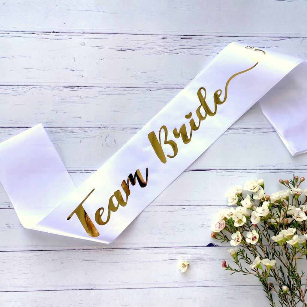 White Team Bride Hen Party Satin Sash with Diamond - Gold Foil Print