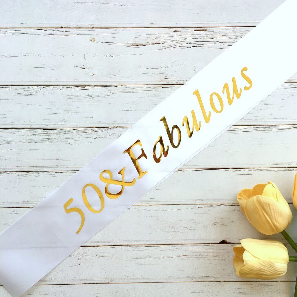 Online Party Supplies Gold Foil '50 & Fabulous' White Satin Party Sash Happy Milestone 50th Fiftieth Birthday Girl Outfit