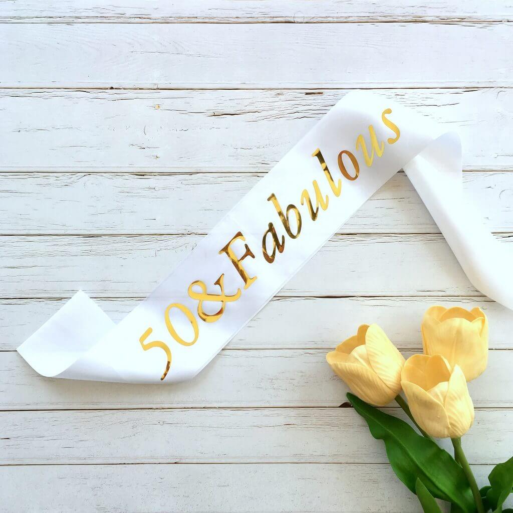 Online Party Supplies Gold Foil '50 & Fabulous' White Satin Party Sash Happy Milestone 50th Fiftieth Birthday Girl Outfit