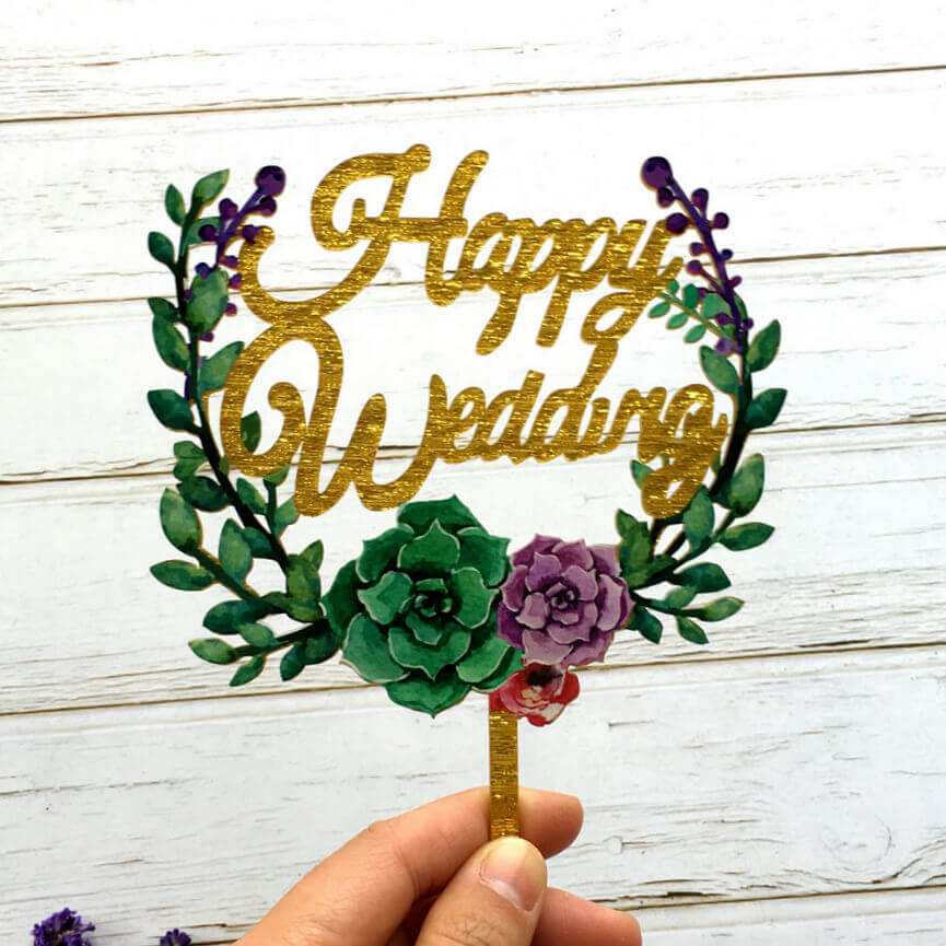 Gold Glitter Acrylic 'Happy Wedding' Floral Wreath Cake Topper for wedding cake decorations