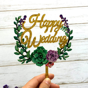 Gold Glitter Acrylic 'Happy Wedding' Floral Wreath Cake Topper for engagement cake decorations