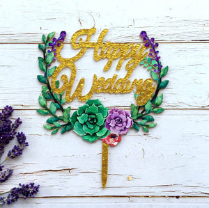 Gold Glitter Acrylic 'Happy Wedding' Floral Wreath Cake Topper for wedding cake decorations