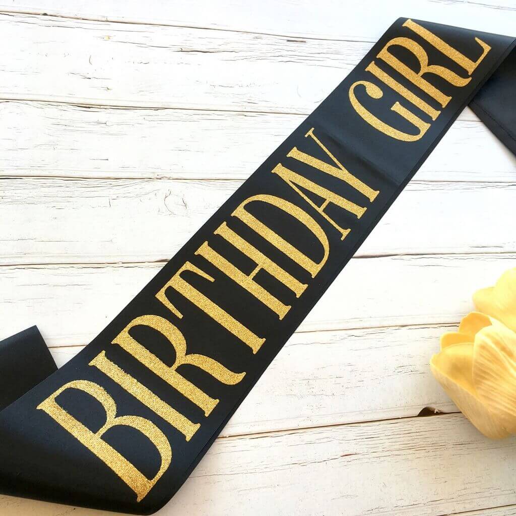 Online Party Supplies Gold Glitter 'Birthday Girl' Luxurious Black Satin Sash