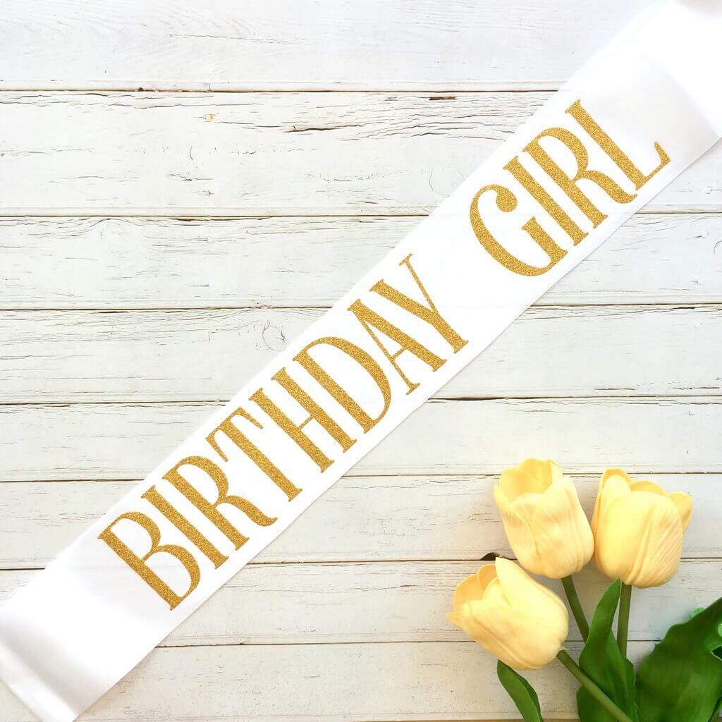 Online Party Supplies Gold Glitter 'Birthday Girl' Luxurious White Satin Party Sash