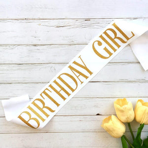 Online Party Supplies Gold Glitter 'Birthday Girl' Luxurious White Satin Party Sash