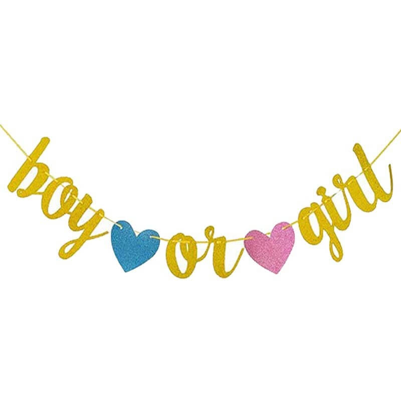 Gold Glitter 'Boy or Girl' with Hearts Baby Shower Gender Reveal Bunting Banner