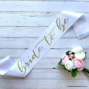 White 'Bride To Be' Bachelorette Party Satin Sash - Gold Print