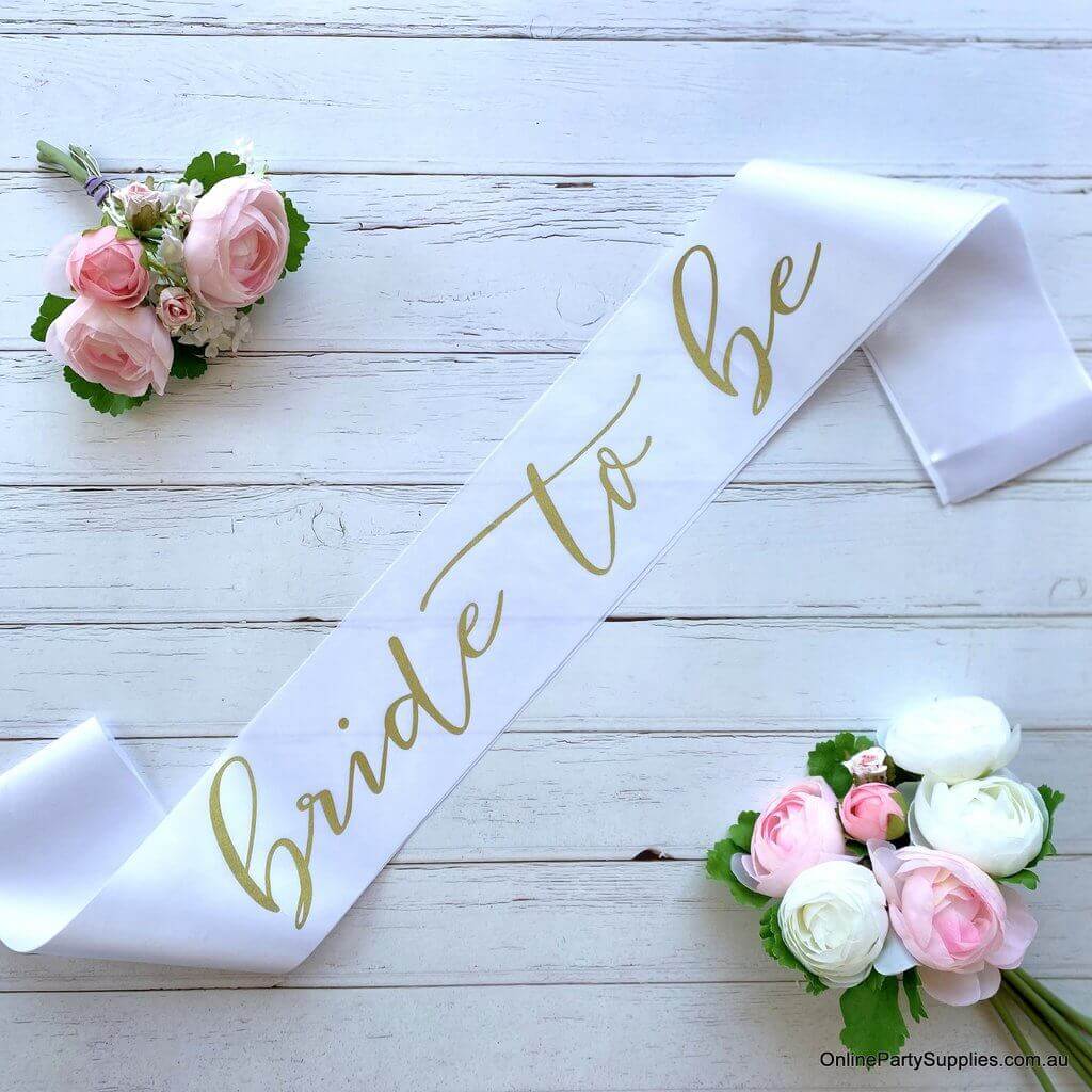 White 'Bride To Be' Bachelorette Party Satin Sash - Gold Print