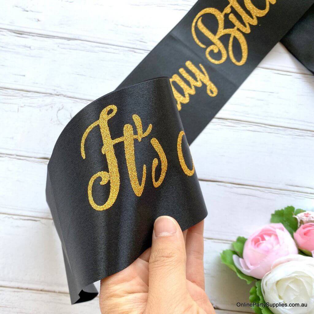 Black 'It's My Birthday Bitch' Satin Sash - Gold Glitter Print