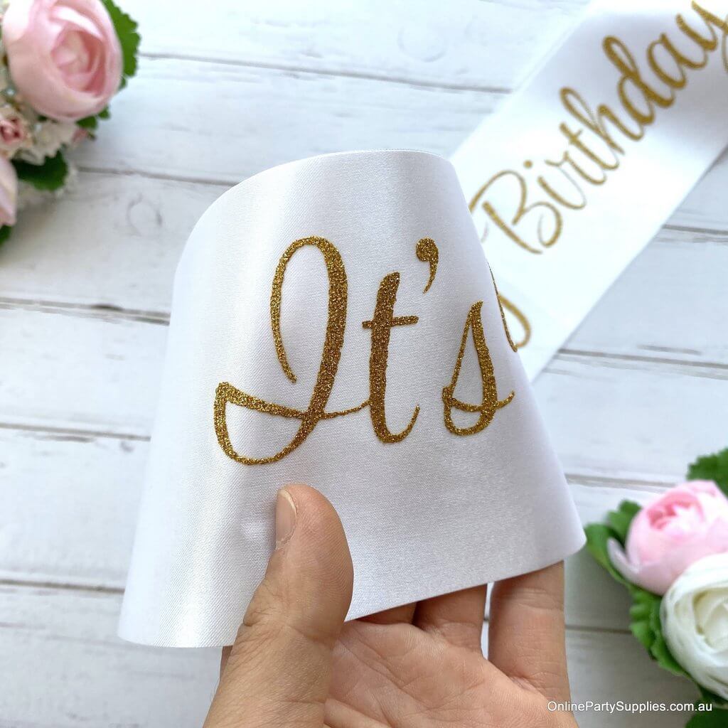 White 'It's My Fucking Birthday' Satin Sash - Gold Glitter Print