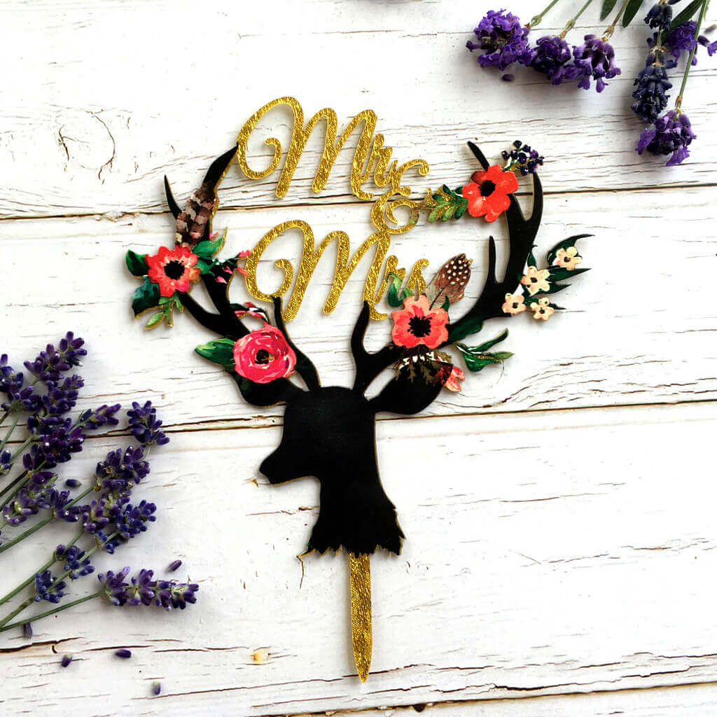 Gold Glitter Acrylic 'Mr & Mrs' Floral Antler Wedding Bridal Shower Cake Topper