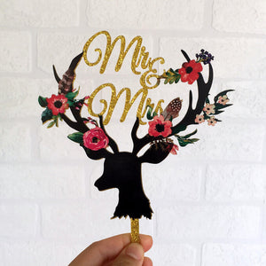 Gold Glitter Acrylic 'Mr & Mrs' Floral Antler Wedding Bridal Shower Engagement Cake Topper