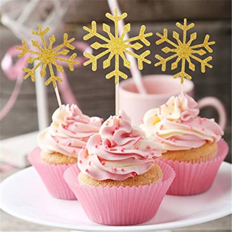 Gold Glitter Snowflake Paper Cupcake Topper 10 Pack