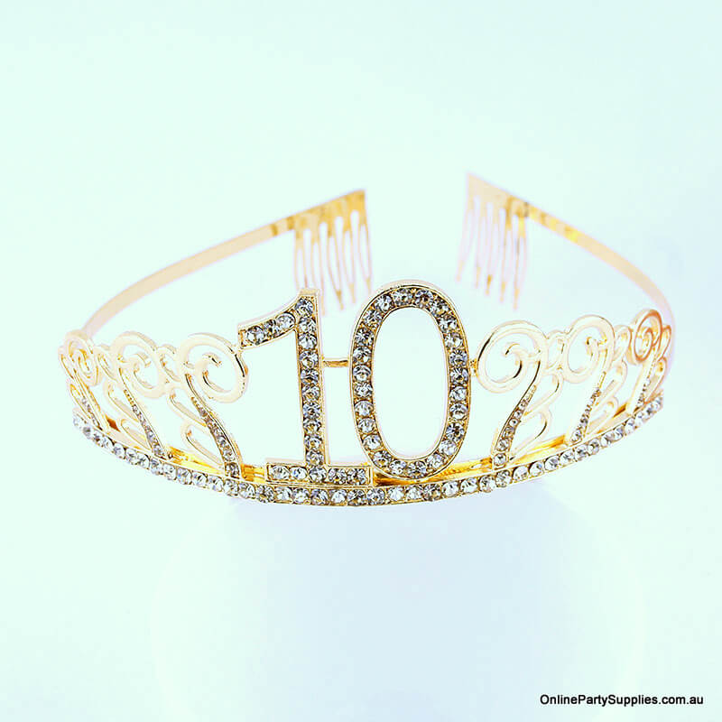 Gold Metal Rhinestone Happy 10th Birthday Tiara