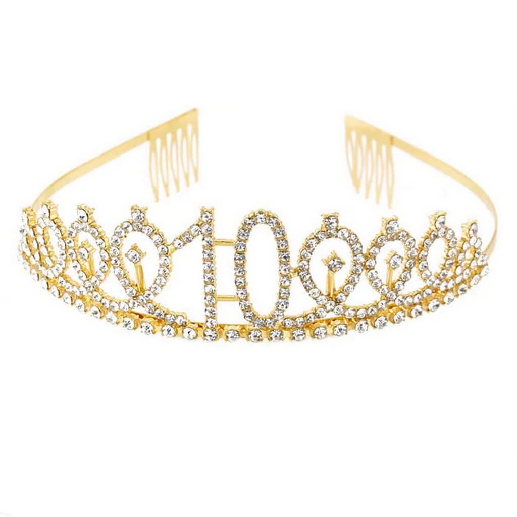 Gold Metal Rhinestone Happy 10th Birthday Crown Tiara