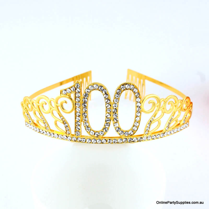 Gold Metal Rhinestone Happy 100th Birthday Tiara