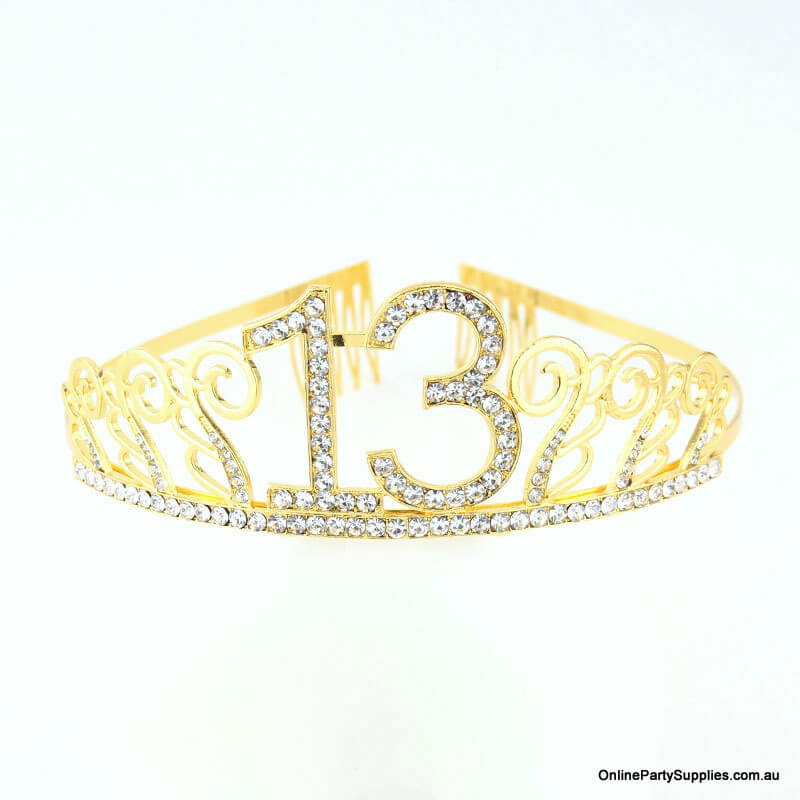 Gold Metal Rhinestone Happy 13th Birthday Tiara