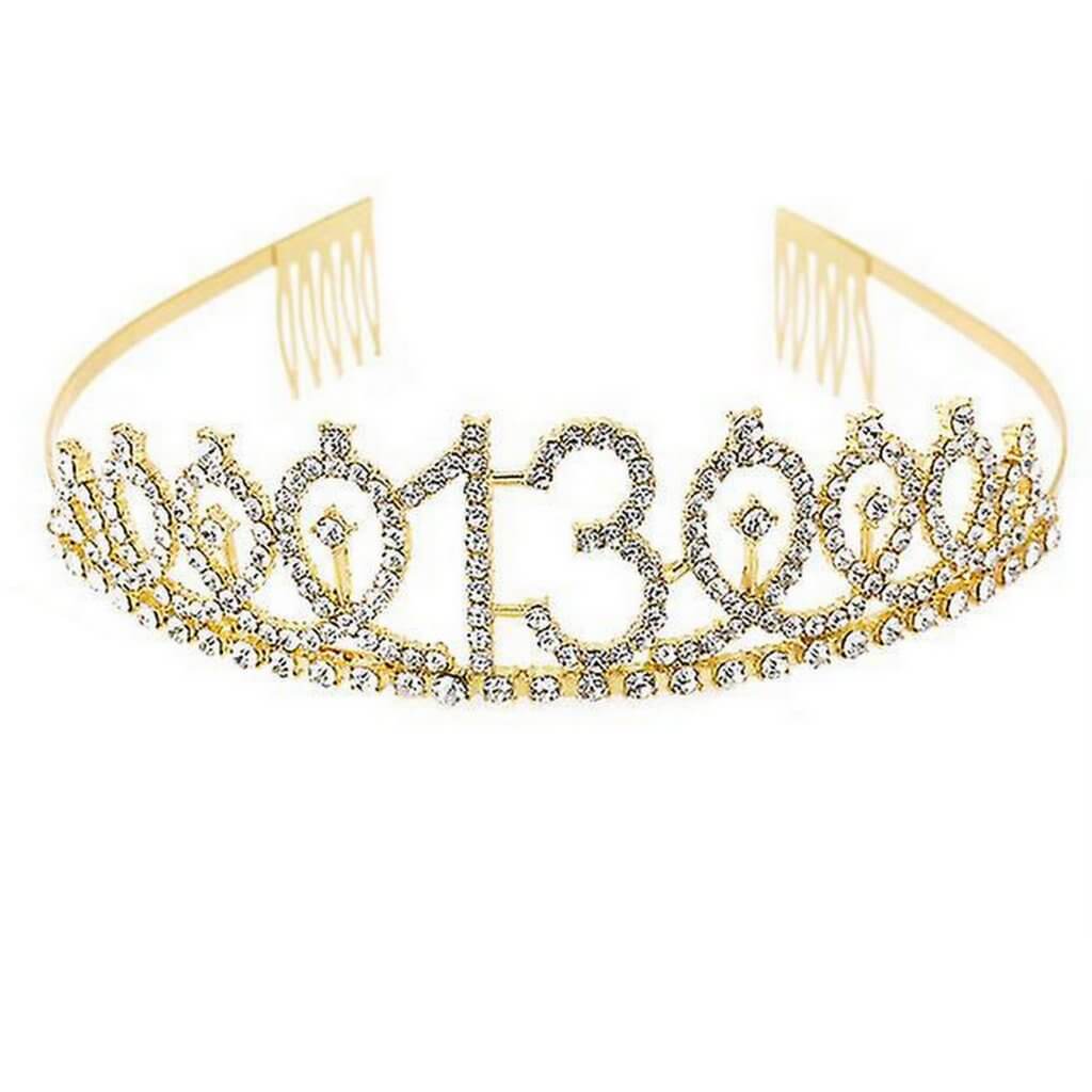 Gold Metal Rhinestone Happy 13th Birthday Crown Tiara