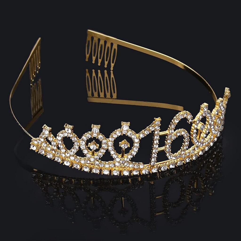 Gold Metal Rhinestone Happy 16th Birthday Crown Tiara - Style 4