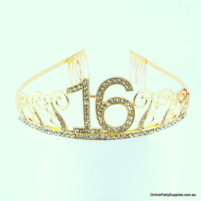 Gold Metal Rhinestone Happy 16th Birthday Tiara