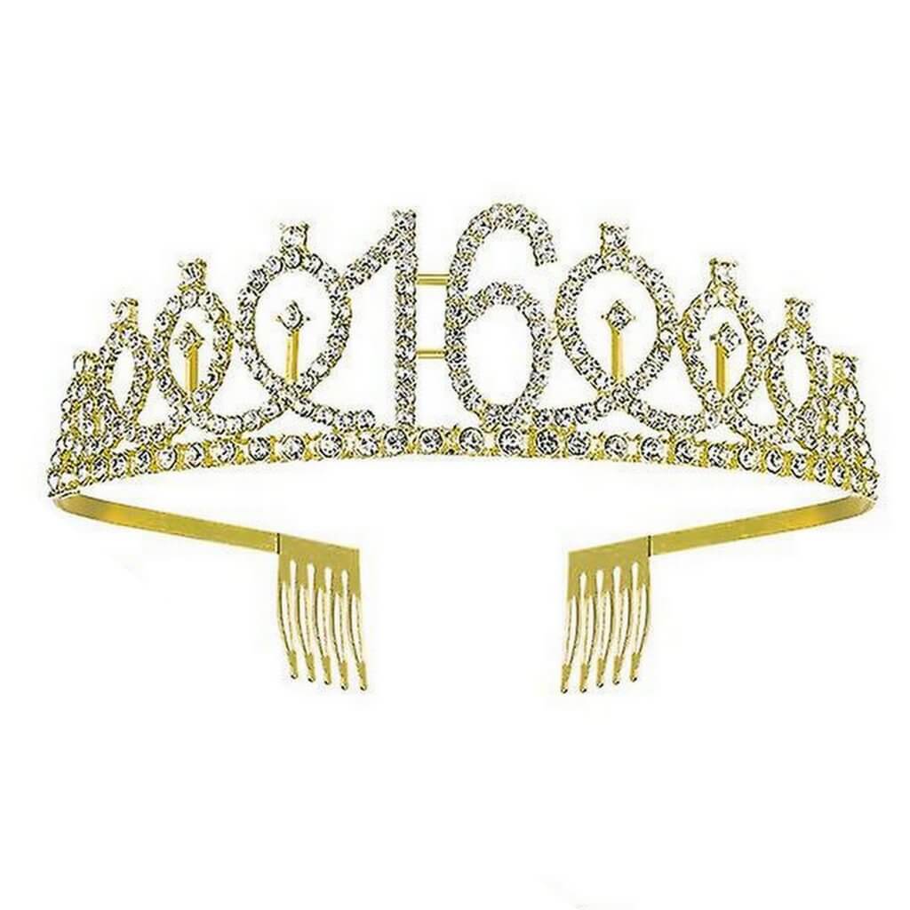 Gold Metal Rhinestone Happy 16th Birthday Crown Tiara - Style 4