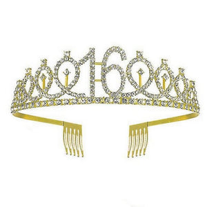 Gold Metal Rhinestone Happy 16th Birthday Crown Tiara