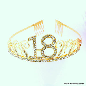 Gold Metal Rhinestone Happy 18th Birthday Tiara