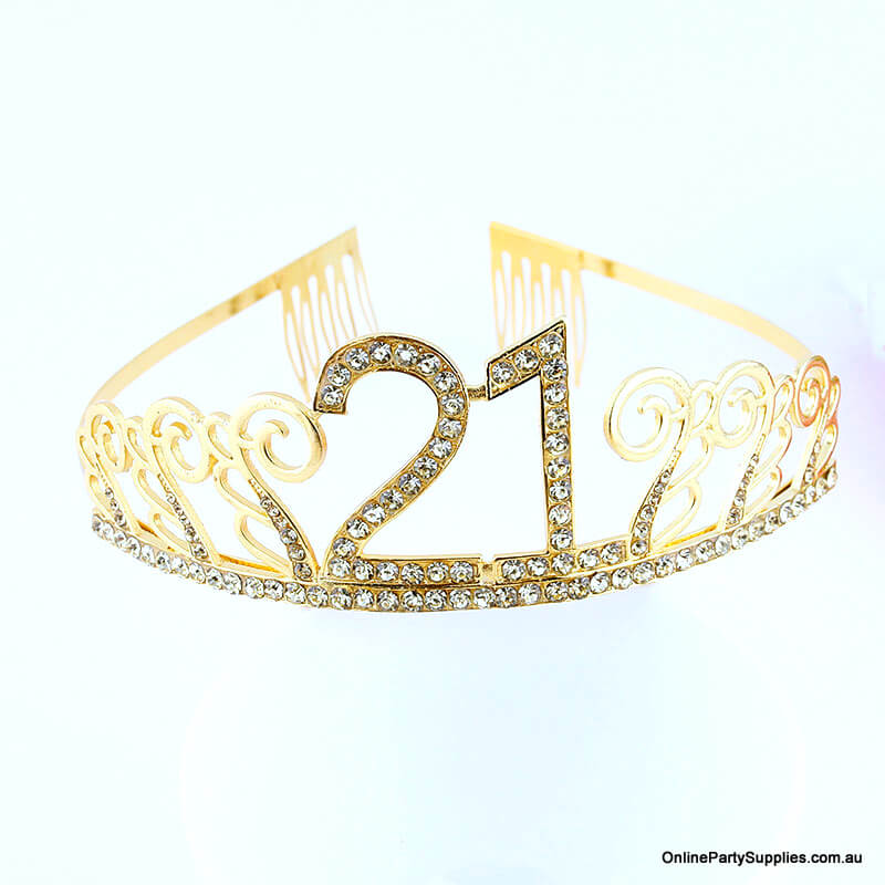 Gold Metal Rhinestone 21st Birthday Tiara - Twenty One Birthday Party Decorations