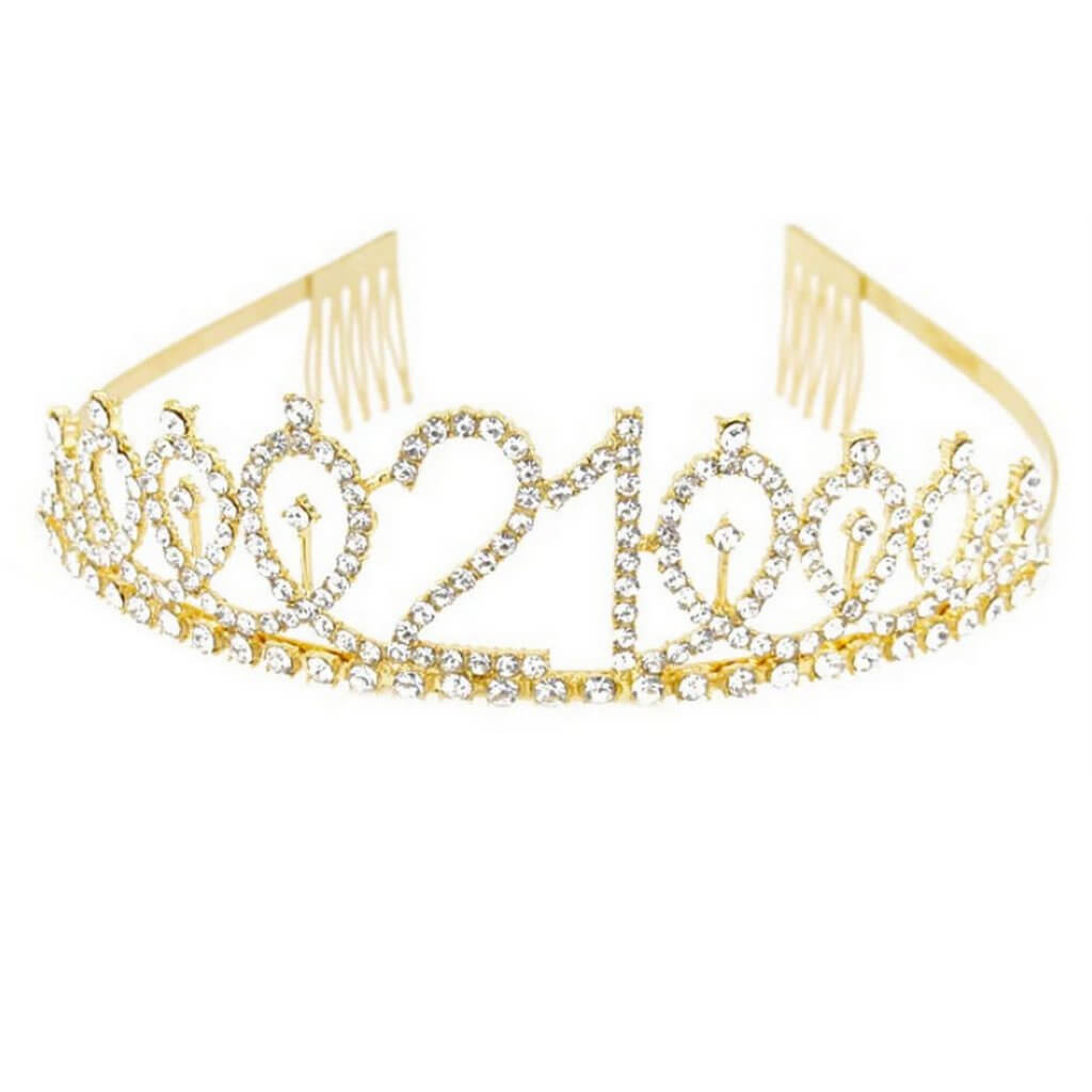 Gold Metal Rhinestone Happy 21st Birthday Crown Tiara