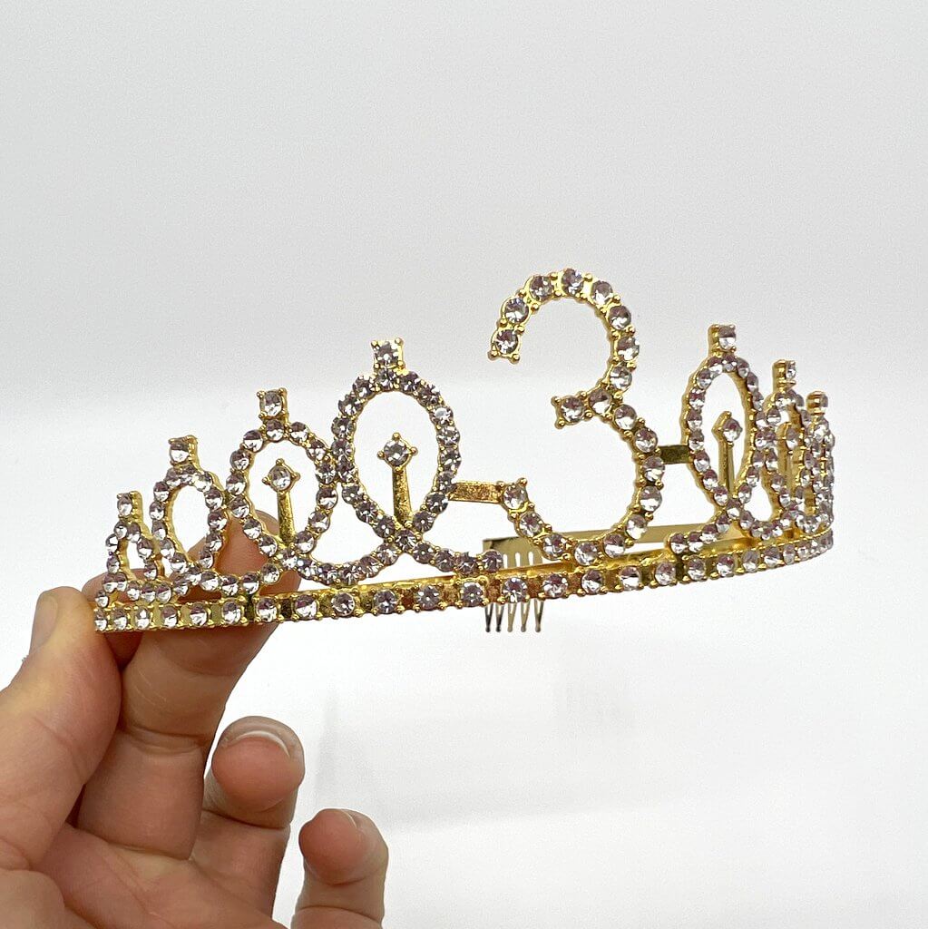 Gold Metal Rhinestone Happy 3th Birthday Crown Tiara