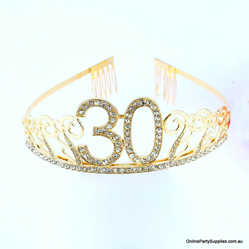 Gold Metal Rhinestone Happy 30th Birthday Tiara