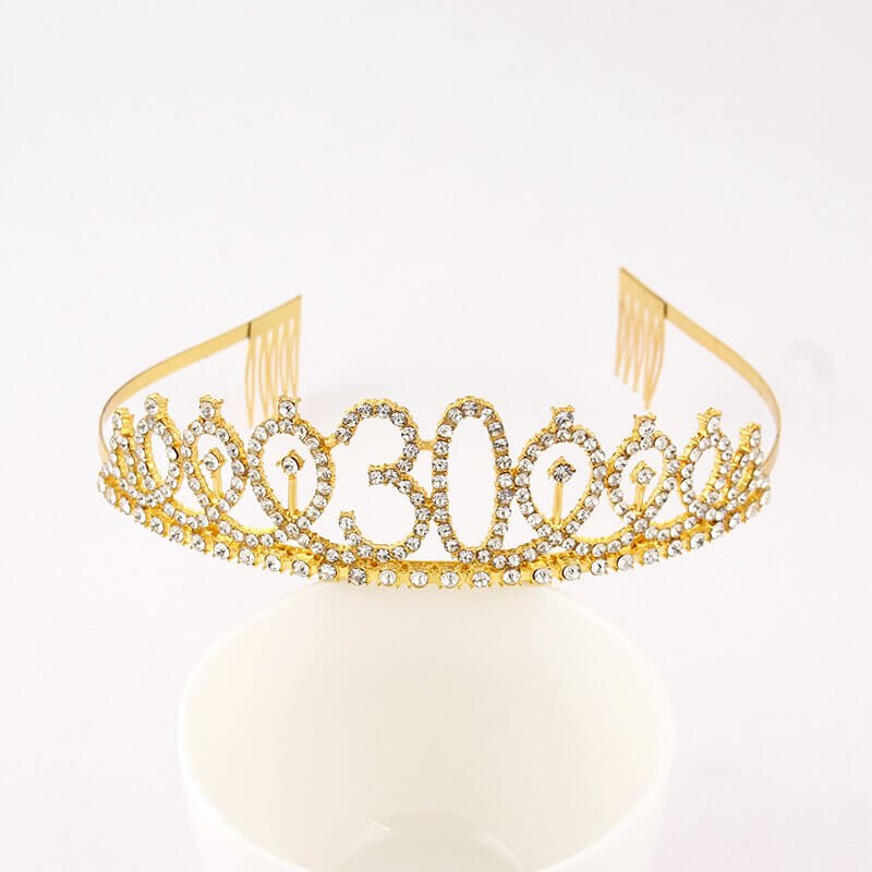 Gold Metal Rhinestone Happy 30th Birthday Tiara - Style 4