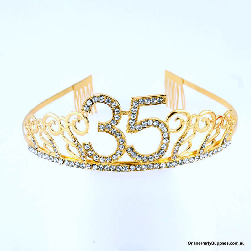 Gold Metal Rhinestone Happy 35th Birthday Tiara