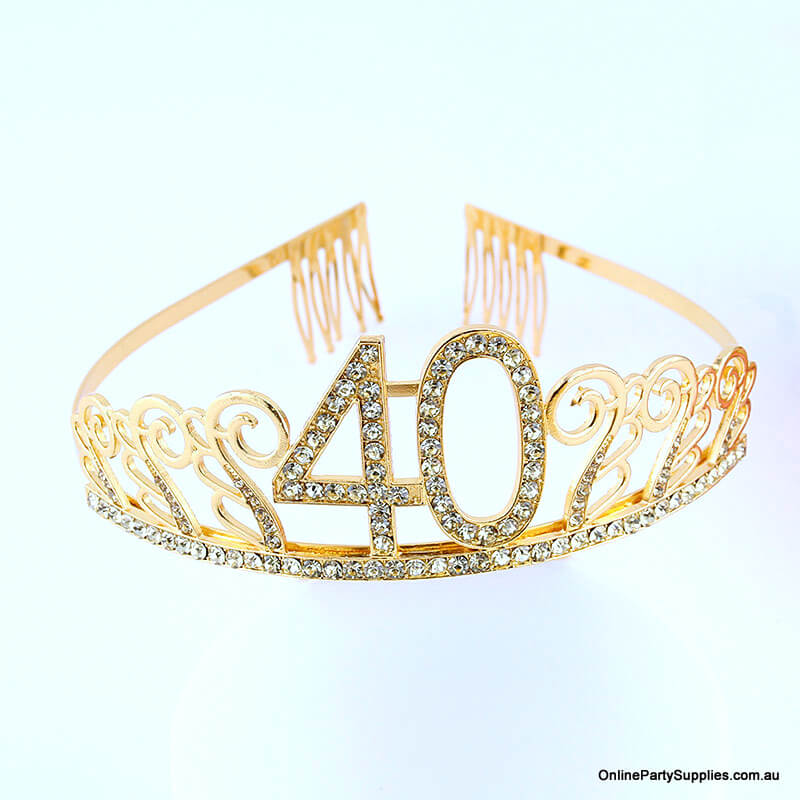 Gold Metal Rhinestone Age 40 Birthday Tiara