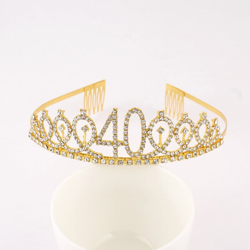 Gold Metal Rhinestone Happy 40th Birthday Tiara - Style 4