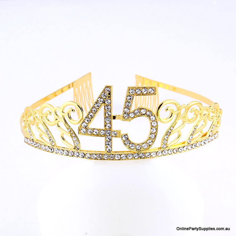 Gold Metal Rhinestone Happy 45th Birthday Tiara