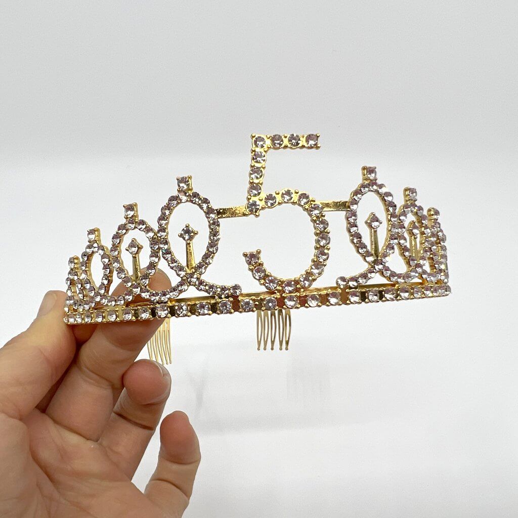 Gold Metal Rhinestone Happy 5th Birthday Crown Tiara