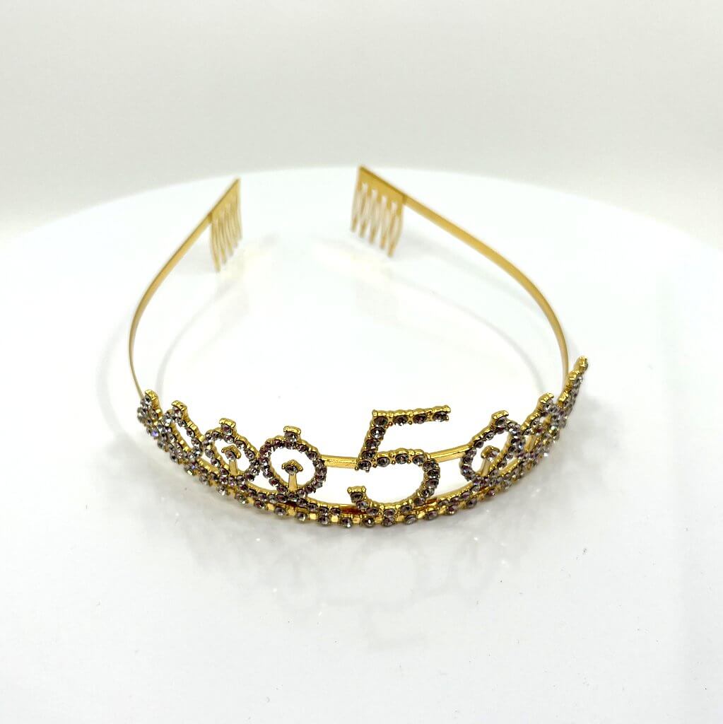 Gold Metal Rhinestone Happy 5th Birthday Crown Tiara