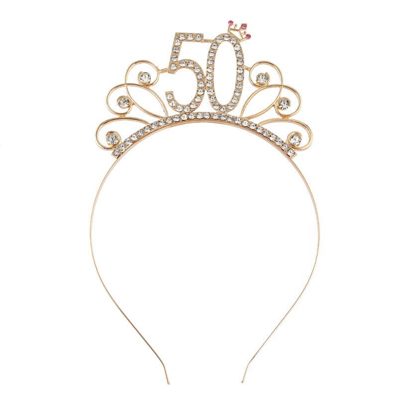 Gold Metal Rhinestone Happy 50 Birthday Tiara - Style 5