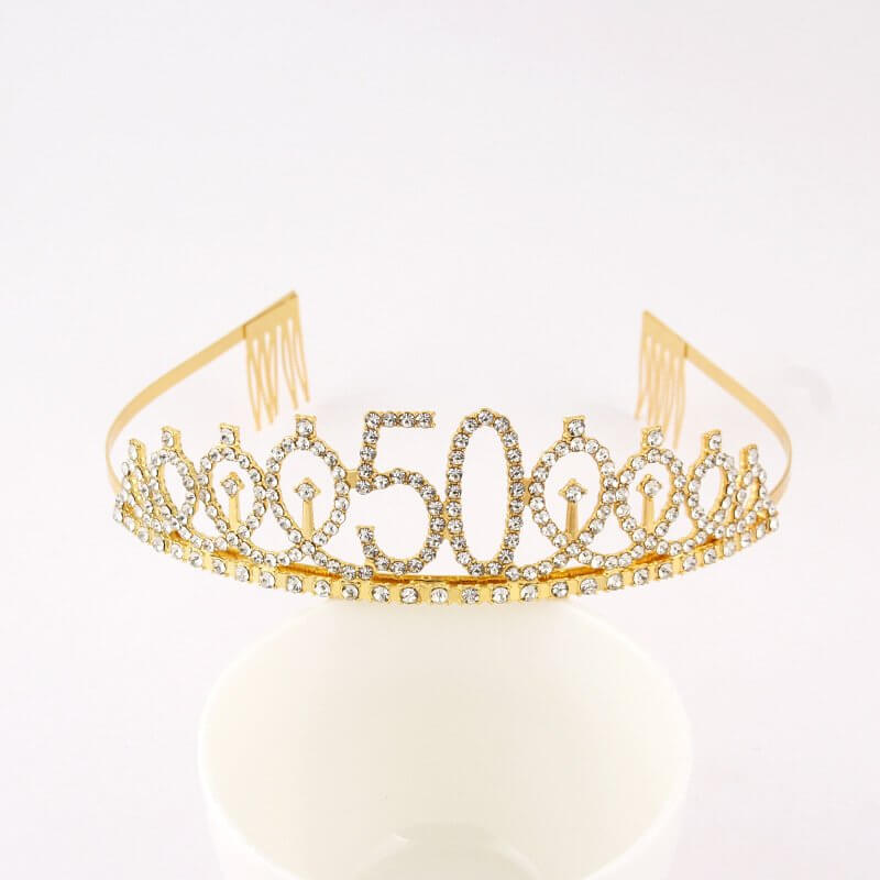 Gold Metal Rhinestone Happy 50th Birthday Tiara - Style 4