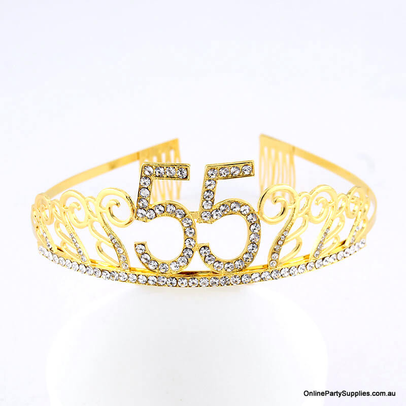 Gold Metal Rhinestone Happy 55th Birthday Tiara
