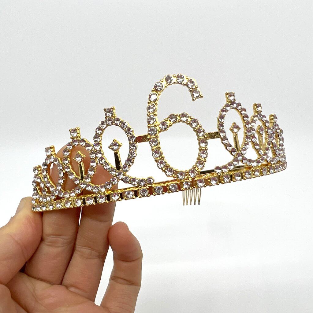 Gold Metal Rhinestone Happy 6th Birthday Crown Tiara